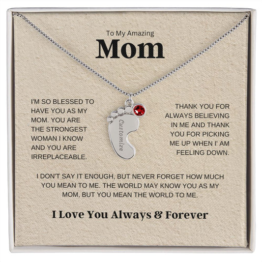 Custom Baby Feet Necklace with Birthstone For Mom